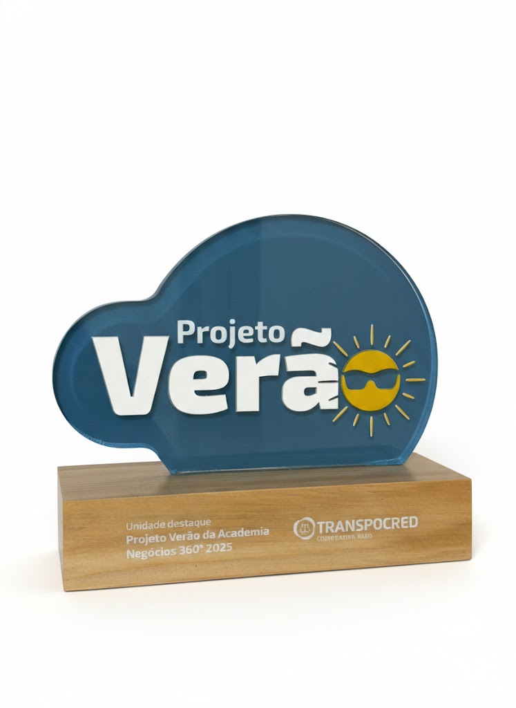 TROFÉU ACRILICO COM BASE DE MADEIRA